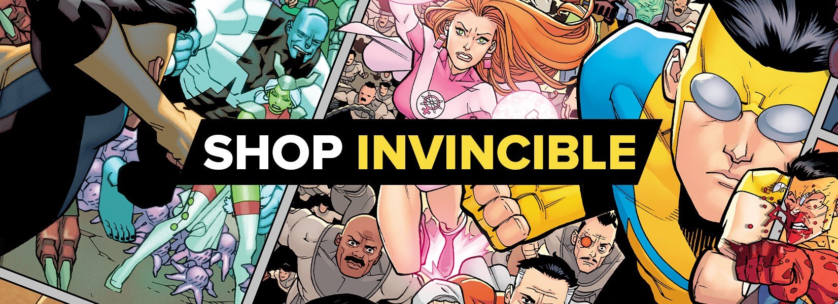 Invincible compilation image with a button reading shop Invincible
